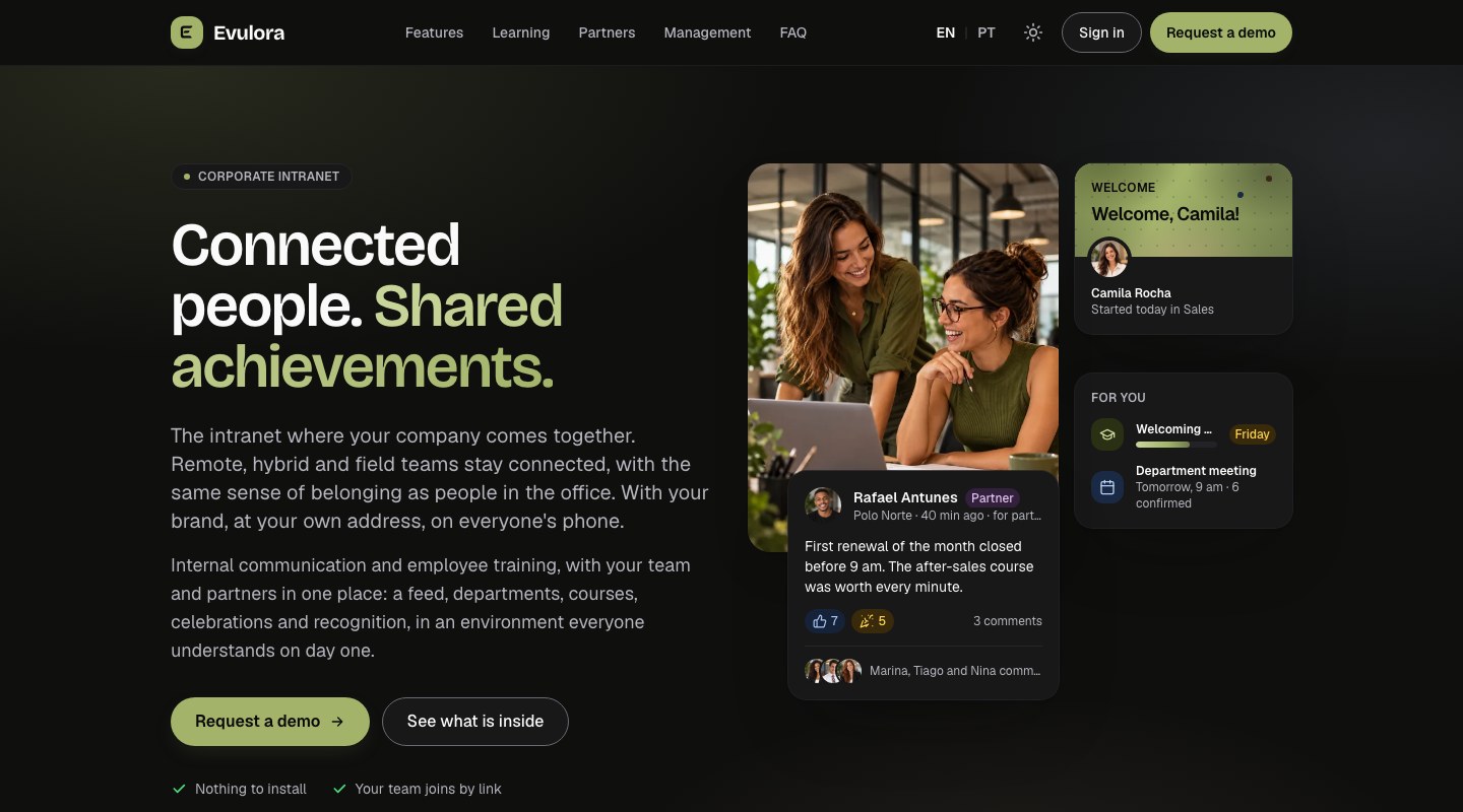 La web de Evulora en inglés: “Connected people. Shared achievements.”, con dos compañeras frente al portátil, el muro y la bienvenida a una nueva incorporación.