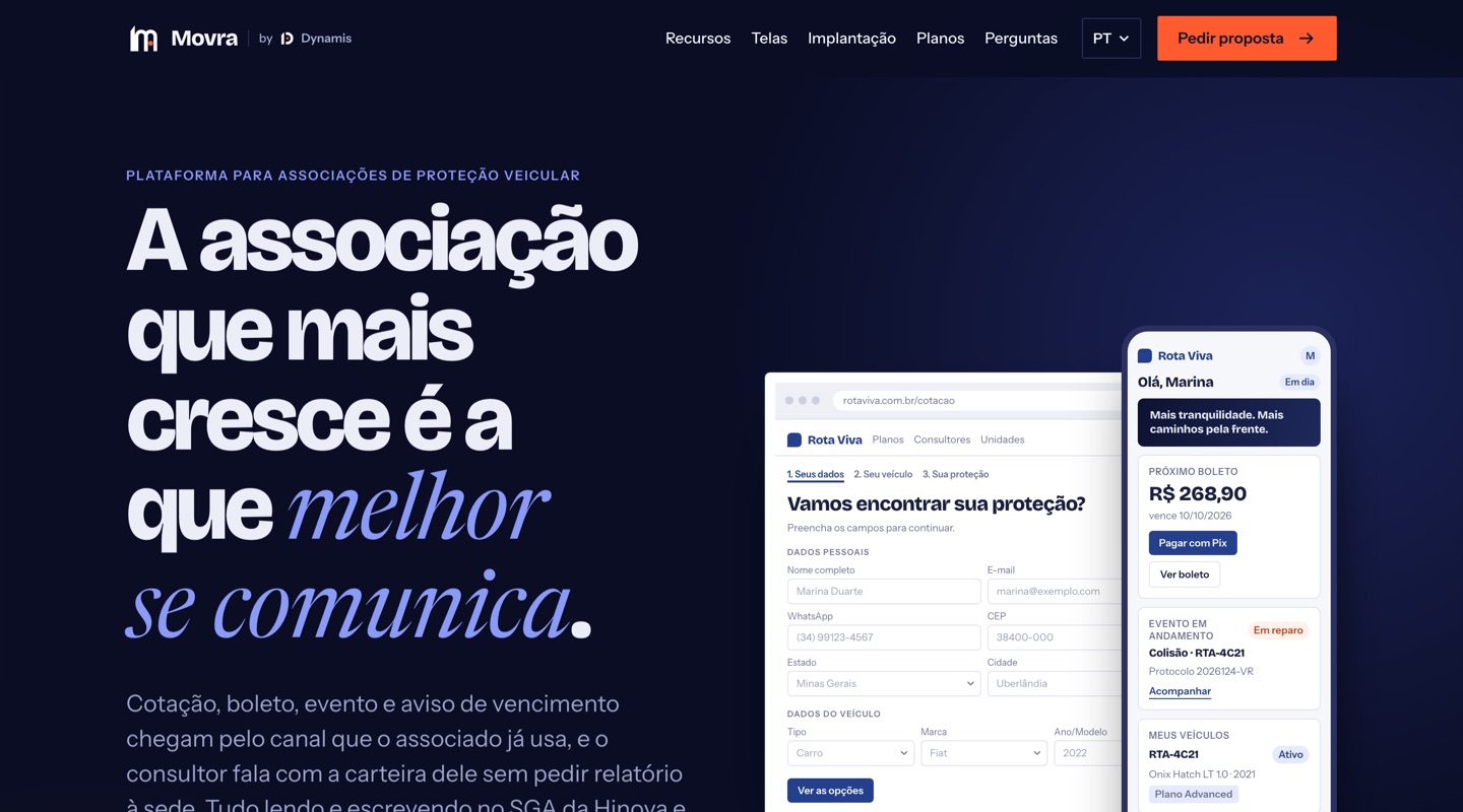 Tela da landing do Movra, com a chamada “A associação que mais cresce é a que melhor se comunica”.