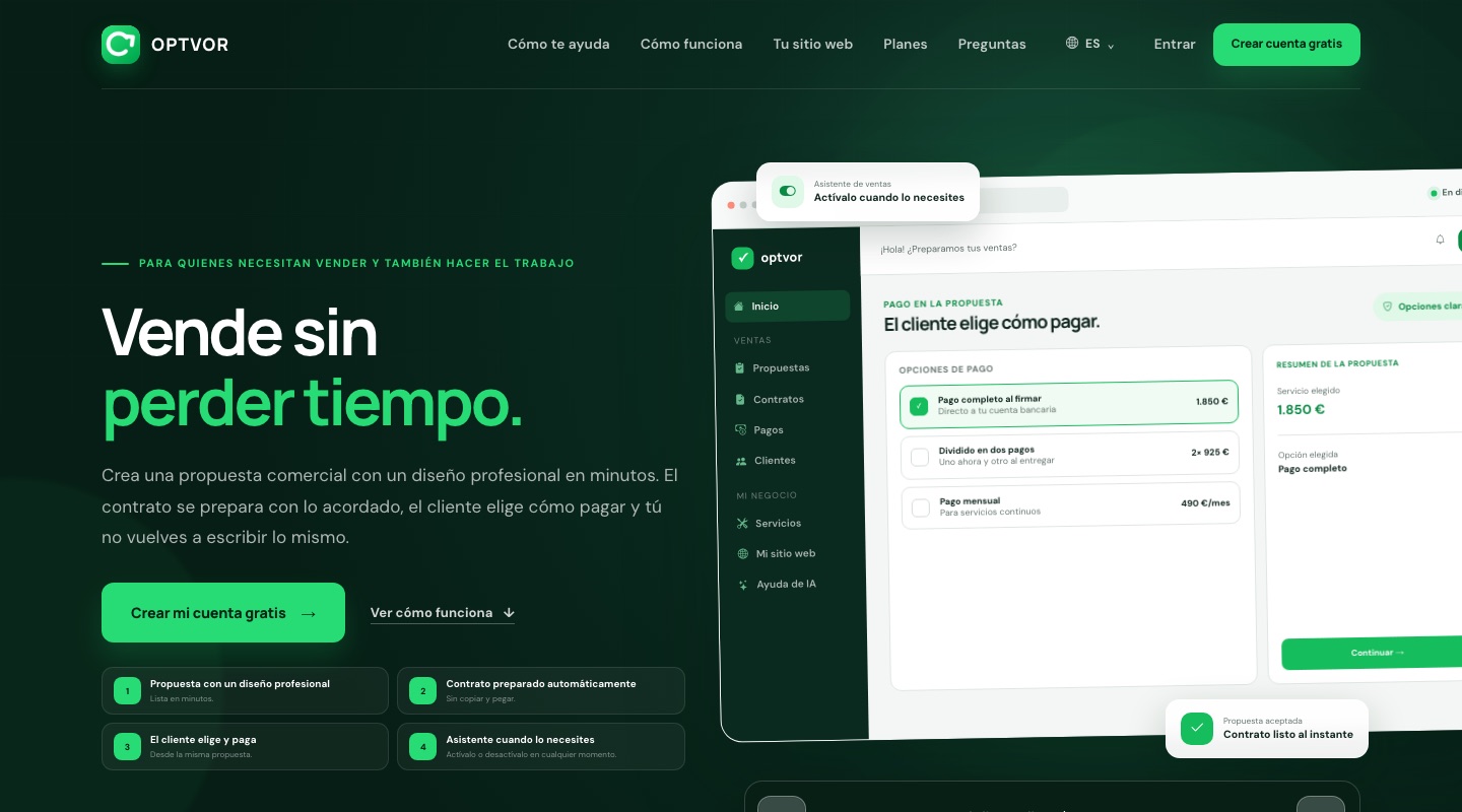 La web de Optvor: “Vende sin perder tiempo.”, con el panel de pago en la propuesta al lado.