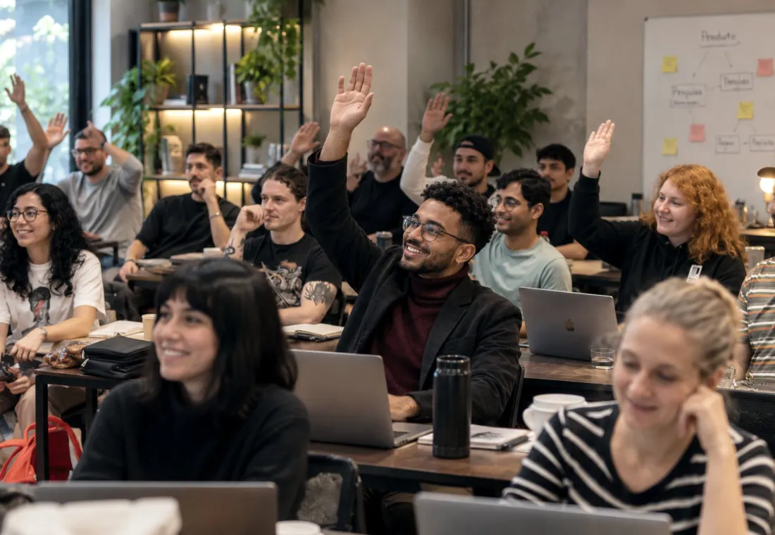 Sala llena de profesionales con portátiles; varios sonríen y levantan la mano durante una reunión de trabajo.