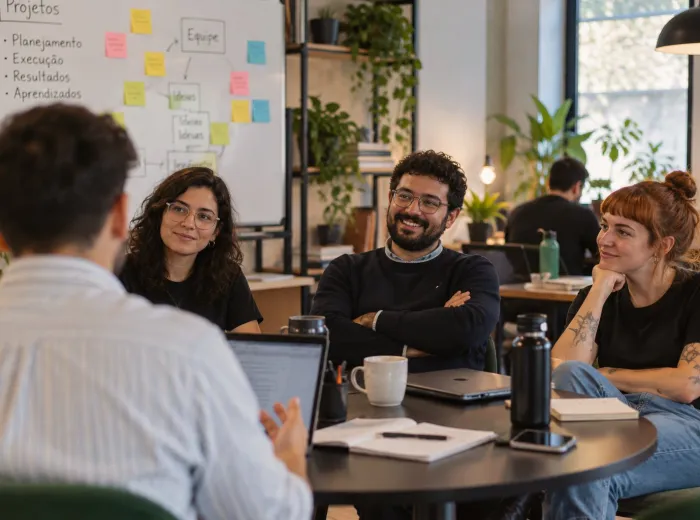 Un grupo de profesionales sentados sigue una conversación, sonriendo, en un espacio amplio y luminoso.